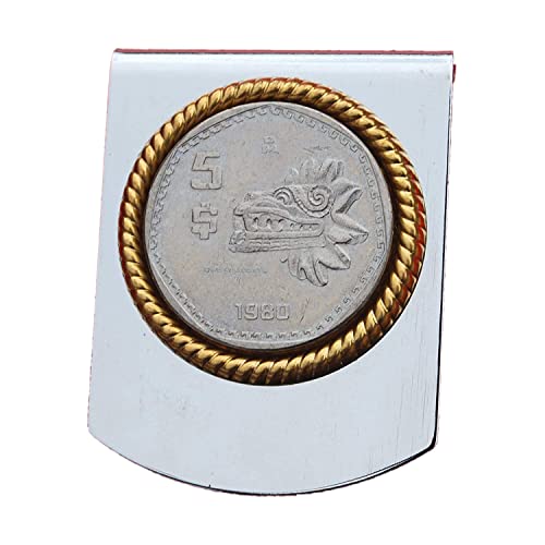 1980 Mexico 5 Pesos Coin Stainless Steel Large Money Clip NEW - Aztec Sculpture of Feathered Serpent God Quetzalcoatl