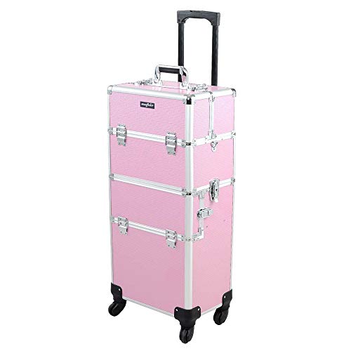 2 in 1 Rolling Makeup Train Case, Travel Makeup Organizer Cosmetic Display Case, Aluminum Cosmetology Supply Suitcase on Wheels, Beauty Storage Luggage Lockable w/4 Removable Wheels (Pink)