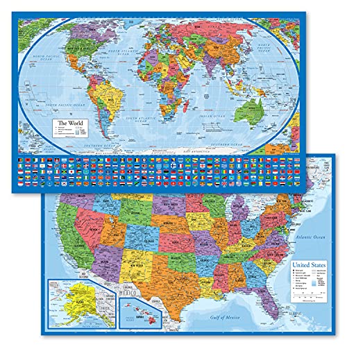 2 Pack - Laminated World Map Poster & USA Map Set - Equal Earth world map design shows continents at true relative size - US Map 18” x 29”