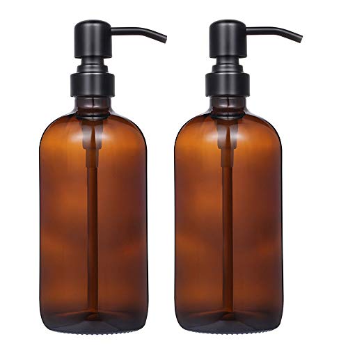 2 Pack Thick Amber Glass Pint Jar Soap Dispenser with Matte Black Stainless Steel Pump