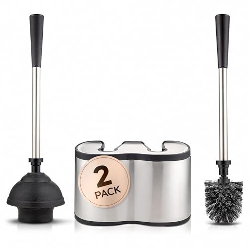 2 Pack UMIEN™ Toilet Brush and Plunger Set - Stainless Steel Plunger and Toilet Brush Combo with Freestanding Canister - Modern and Sleek Bathroom Cleaning Accessories