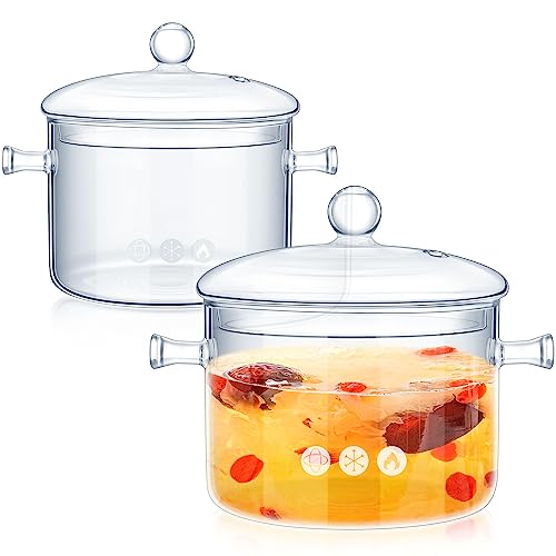 2 Pcs Glass Pots for Cooking on Stove Set Glass Saucepan with Cover Heat Resistant Clear Pots and Pans Set Stovetop Glass Cookware Simmer Pot with Lid for Soup Milk (1.3 L, 1.9 L, Classic Style)