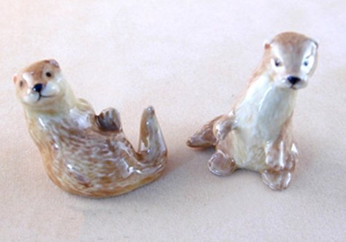 2 pcs Otter Ceramic 1¼" Miniature Dollhouse Animal Porcelain Figurine Replica Pottery Collectible Decor Gift