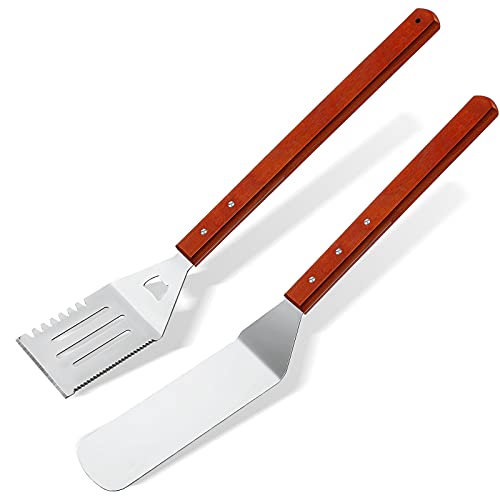 2-piece BBQ Grill Turner and Spatula Set, Stainless Steel with Wooden Handle