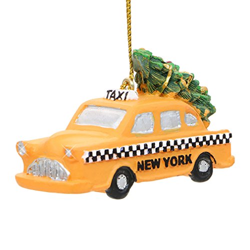 2.75 Inch New York City Yellow Taxi Christmas Ornament with Rockefeller Center Tree on Top