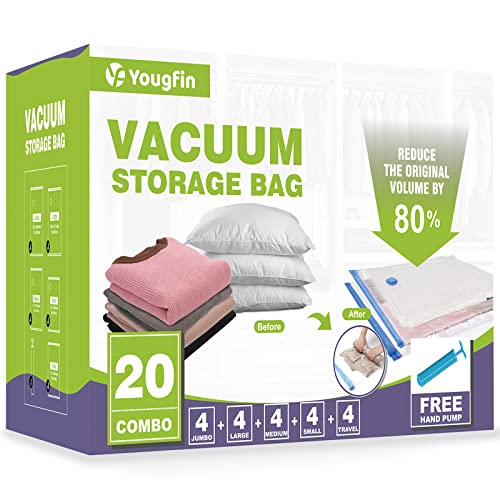 20 Pack Space Saver Vacuum Storage Bags, Vacuum Bags for Travel(4 Jumbo/4 Large/4 Medium/4 Small/4 Hand Roll), Space Bags