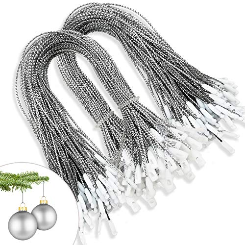 200pcs Christmas Ornaments String Hanger Silver Precut Ribbon Hook for Christmas Tree Ornament Decorations with Snap Fastener