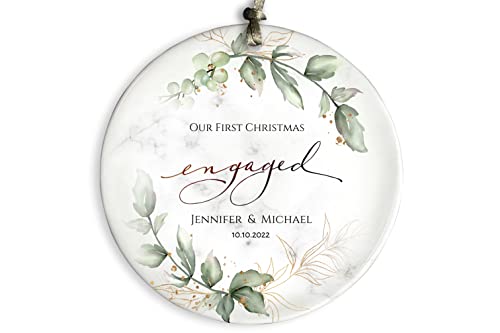 2023 Engaged Christmas Ornament, Personalized Engaged Ornament, Our First Christmas Engaged Ceramic Ornament, Keepsake for Couples, Engagement Ornament (Design 1)