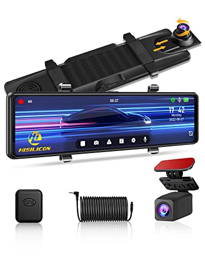 【2023 Newest】 4K Rear View Mirror Camera Mirror Dash Cam Front and Rear Rearview Backup Camera 12'' Voice Control Super Night Vision Reversing Assit Wide Angle of View