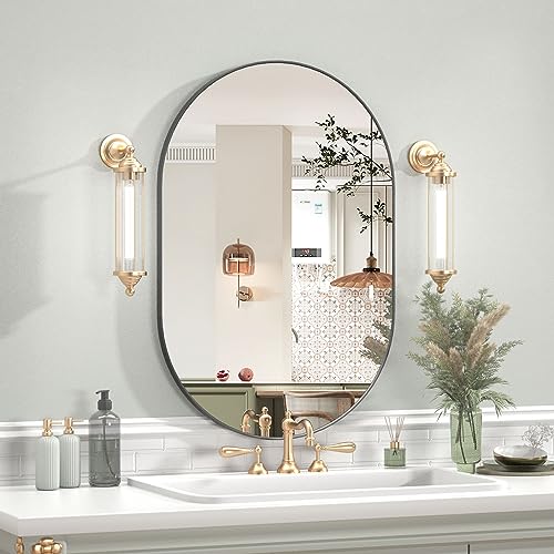20x30 Oval Bathroom Mirror, Black Metal Frame