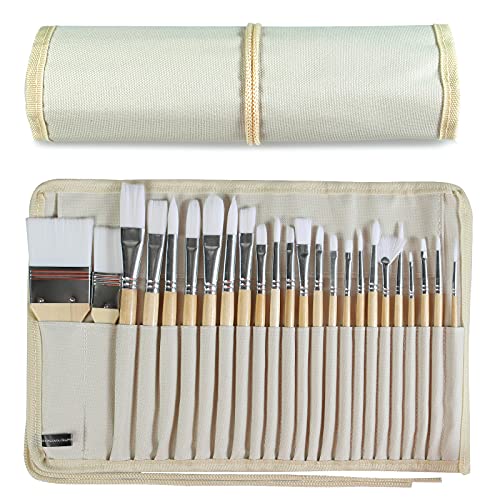 24-Piece Wooden Handles Paint Brushes Set with Canvas Brush Case