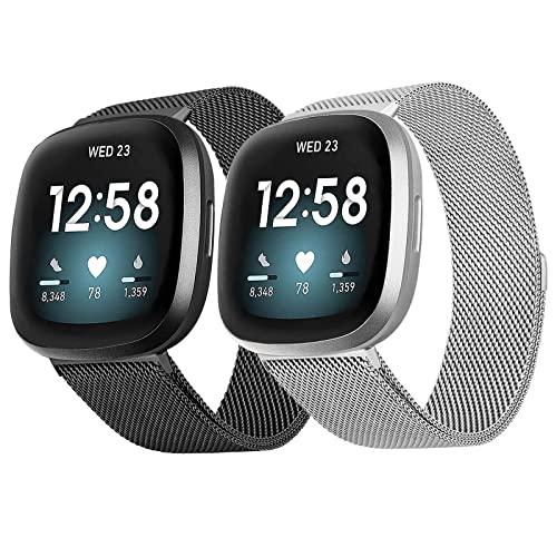 2Pack Metal Bands Compatible with Fitbit Versa 3 /Fitbit Versa 4 /Fitbit Sense 2 /Fitbit Sense Bands for Women Men, Stainless Steel Metal Adjustable Magnetic Strap Replacement for Versa 3/Fitbit Sense