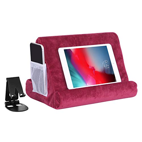 2pcs Multi-Angle Tablet Holder Cushion Stand with Net Pocket & Black Color Phone Stands Upgraded Tablet Pad Support for Phone,Pad,Books (WineRed)