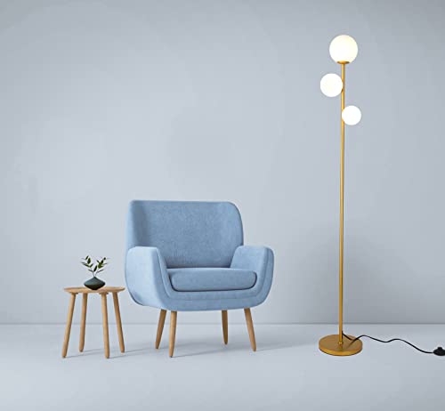 3 Globe Mid Century Modern Floor Lamp for Living Room, Contemporary Gold Lamp with Frosted Glass Shade and Bulbs Included, LED Standing Tall Pole Lamp for Bedrooms, Office - Antique Brass