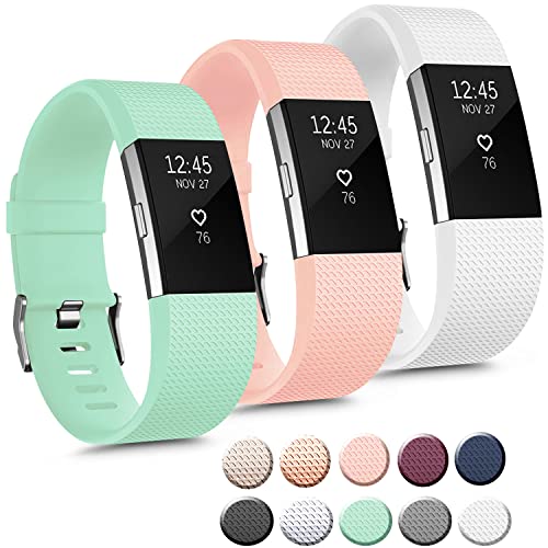 3 Pack Sport Bands Compatible with Fitbit Charge 2 Bands Women Men, Adjustable Replacement Strap Wristbands for Fitbit Charge 2 HR Small Large (Small, Teal/Pink/White)