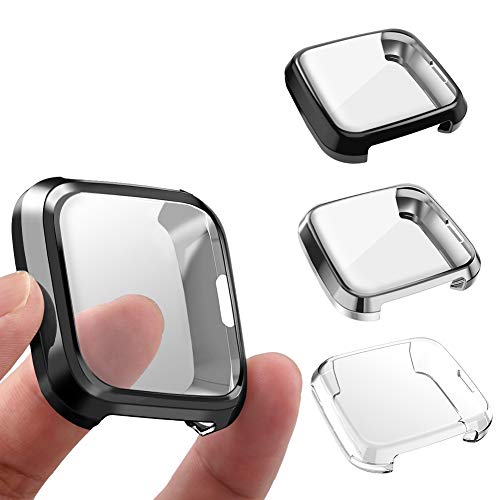 3 Packs Screen Protector Compatible Fitbit Versa Lite Edition, GHIJKL Ultra Slim Soft Full Cover Case for Fitbit Versa Lite Edition, Crystal Clear, Black, Silver