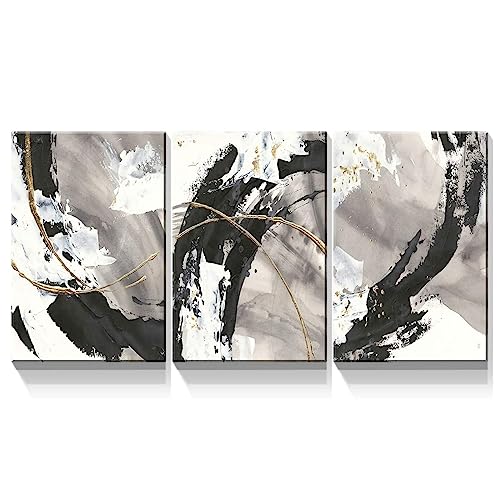 3 Panel Canvas Wall Art Prints - Black and White Abstract Painting with Gold Lines Picture On Canvas Stretched and Framed for Living Room/bedroom/office Wall Decoration - 16"x24"x3 Panels