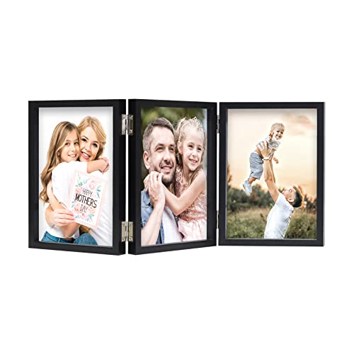 3 Picture Frame 4x6 Black Triple Hinged MDF Wood with Glass Front Three Opening Photo Frame Stand Vertical on Tabletop