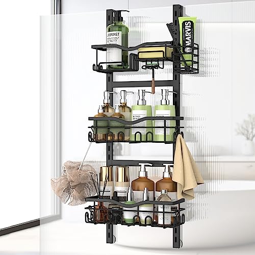 SWTYMIKI Hanging Shower Caddy, 3 Tier Rustproof Shower Organizer over  Shower Head with 16 Hooks & Dual Soap Holder ,Stainless Steel Shower Rack  over