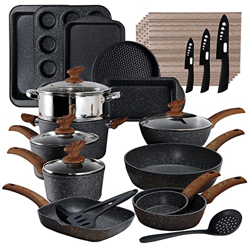 30 Piece Black Granite Cooking Pans Set