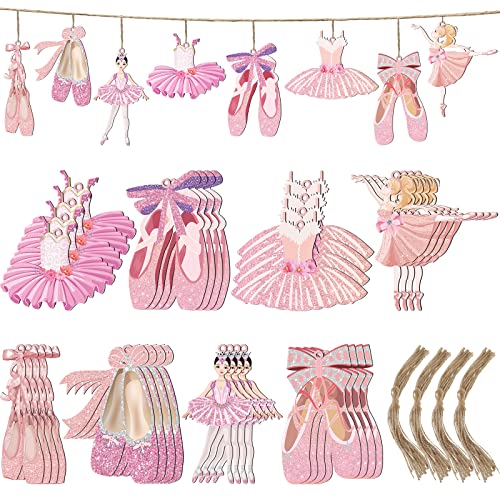 32 Pieces Ballet Ornaments Ballerina Ballet Toe Dancing Shoes Wood Hanging Decor Ballet Pink Christmas Ornament with Ropes Wooden Shoe Ornaments for Christmas Tree Wall Holiday Party Decoration