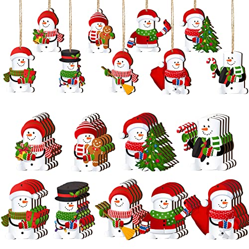 36 Pieces Cute Snowman Christmas Tree Ornaments Wooden Christmas Snowman Hanging Ornaments Winter Decorative Snowman Christmas Decorations Snowman Christmas Tree Pendant Mini Gift Tags (Classic Style)