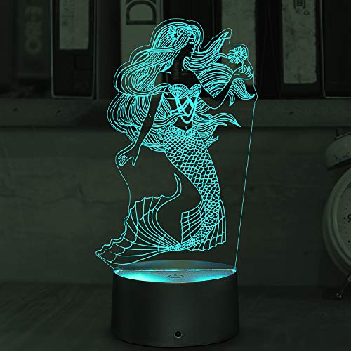 3D Illusion Mermaid Night Lights, Table Lamp USB Powered 7 Colors LED Night Lamp with Smart Touch Ideal for Girls Mermaid Birthday Christmas Gift Room Decor