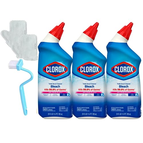 3pk Toilet Bowl Cleaner with Bleach, Rain Clean Scent Clorox' BONUS: (1) Pair Washable & Reusable Microfiber Cleaning & Dust Removal Gloves + (1) Long Handle Plastic V-Type Toilet Brush
