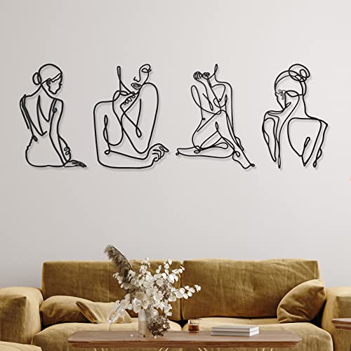 4 Pieces Metal Wall Art Decor Black Metal Wall Art Single Line Art Drawing Minimalist Abstract Female Woman Modern Wall Sculptures Hanging Decor Accents for Bathroom Living Room Office Home Bedroom