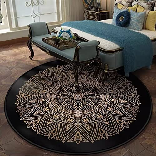 4ft Round Area Rug for Living Dinning Room Floral Boho Washable Circle Rugs Golden Mandala Carpets Soft Floor Chic Area Pads