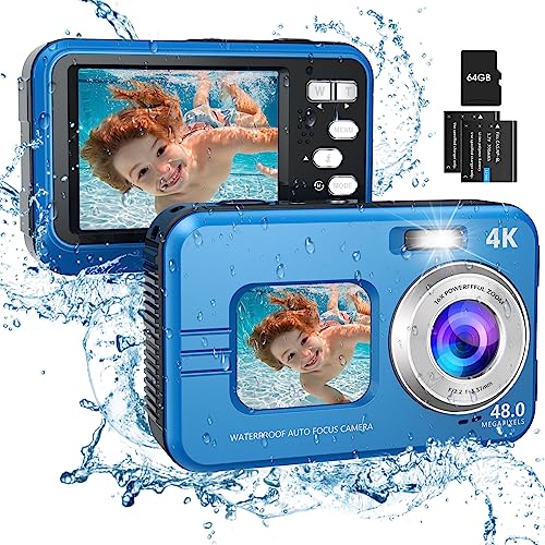 4K 48MP Underwater Camera with Dual Screens and 11FT Waterproof