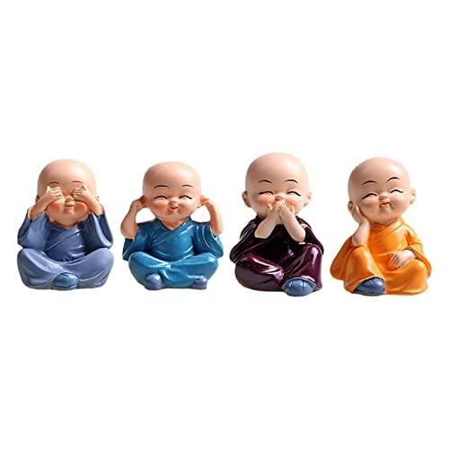 4PCS Cute Kung Fu Monk Statue Miniature Buddha Figurine Wise Figure Baby Little Monk Sculpture Collectibles Crafts Arts Zen Ornaments Wall Shelf Desktop Garden Home Office Car Decoration Gift (A)