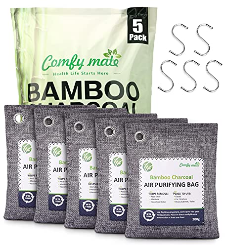 5 Pack Bamboo Charcoal Air Purifying Bags with Hooks