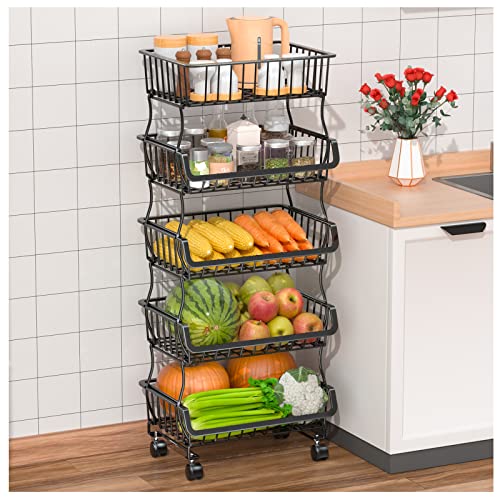 Fruit Basket for Kitchen with Wood Top 5 Tier, SAYZH Stackable Fruit and  Vegetable Storage Cart, Wire Storage Basket with Wheels, Vegetable Basket