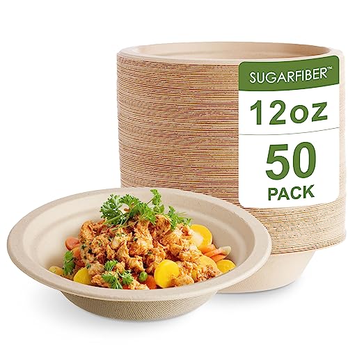 [50 Count] Sugarfiber 12oz Round Paper Bowls