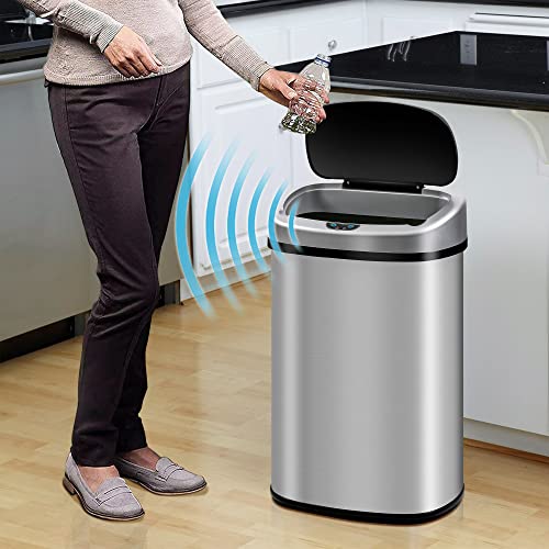 50L/13 Gallon Automatic Trash Can , Large Motion Sensor Garbage Can Touchless Trash Bin with Lid for Kitchen Home Office, Soft Close Lid (Stainless Steel)