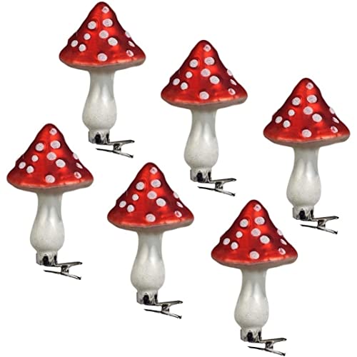 6 Mushroom Shaped Personalized Christmas Ornaments Painted Glass Baubles with Alligator Clip for Christmas Tree Decoration (6pcs)