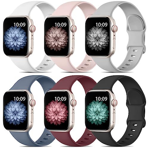 6 Pack Bands Compatible with Apple Watch Band 38mm 40mm 41mm 42mm 44mm 45mm 49mm for Women Men, Soft Silicone Wrist Bands Sport Strap Compatible for iWatch Series 8 7 6 5 4 3 2 1 SE Ultra