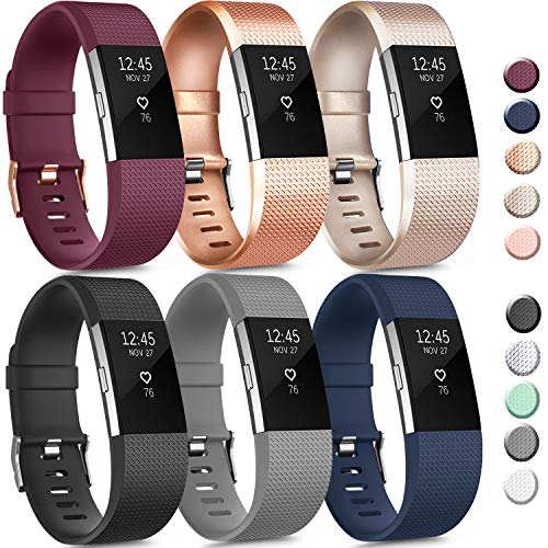 6 Pack Sport Bands Compatible with Fitbit Charge 2 Bands, Adjustable Replacement Wristbands for Women Men Small Large (6 Pack A, Large)