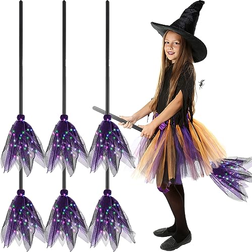6 Pcs Halloween Witches Broom with LED Light Halloween Costume (Purple)