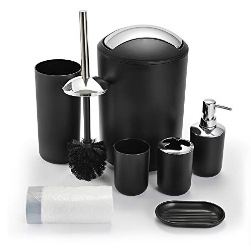 6 Piece Bathroom Accessory Set with Trash Can and Bags (Black)