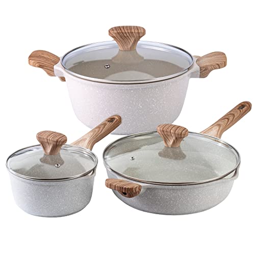 6 Piece Nonstick Cookware Sets - Speckled Cream with Light Wood Handles