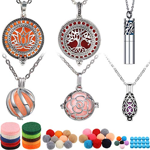 6 Pieces Essential Oil Diffuser Necklace Aromatherapy Locket Pendant Necklace Stainless Steel Necklace Jewelry Accessories with 60 Pieces Refill Pads and Balls for Women and Girls
