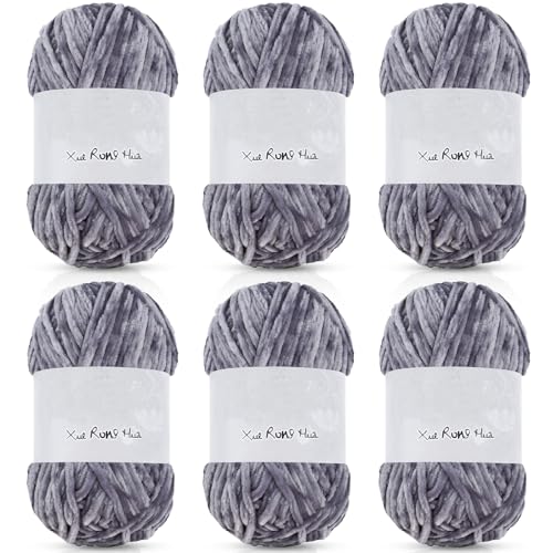 6 Rolls 1182 Yards Velvet Chenille Yarn Polyester Blanket Yarn Fuzzy Crochet Yarn Fluffy Soft Yarn Thick Yarn for Crocheting for DIY Bulky Weaving Crafts, 197 Yd, 3.53 Oz Each Roll (Light Gray)