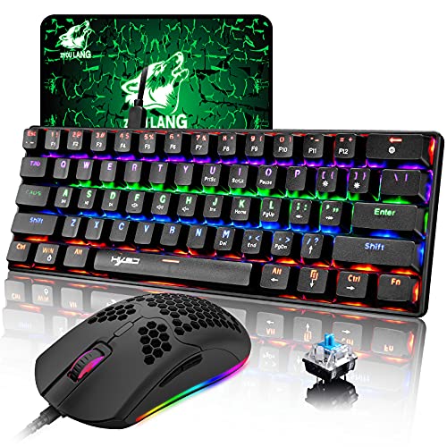 60% Mechanical Gaming Keyboard and Mouse with Full Anti-ghosting Ergonomic 61 Key Rainbow Backlight Blue Switch Type-C Wired Lightweight Honeycomb Mice 6400 DPI for Computer Laptop Gamer Typist(Black)