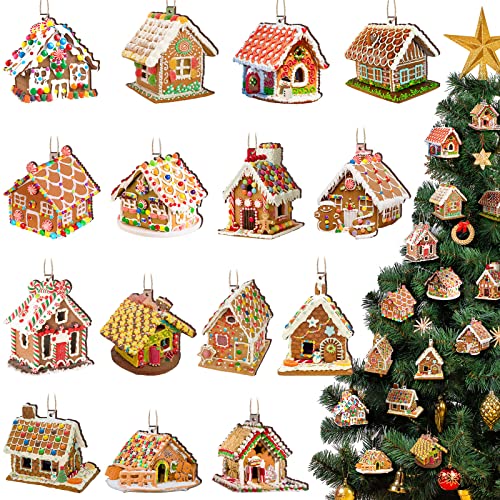 60 Pcs Christmas Gingerbread House Ornament Wooden Christmas Tree Hanging Ornaments Gingerbread House with Ribbons Wood House Pendants for Xmas Party Favor (Candy Style)