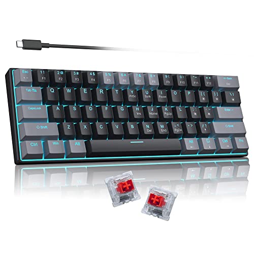 60 Percent Mechanical Gaming Keyboard,Gray&Black Mixed Color Keycaps Gaming Keyboard with Red Switches, Detachable Type-C Cable Mini Keyboard with Powder Blue Light for Windows/Mac/PC/Laptop