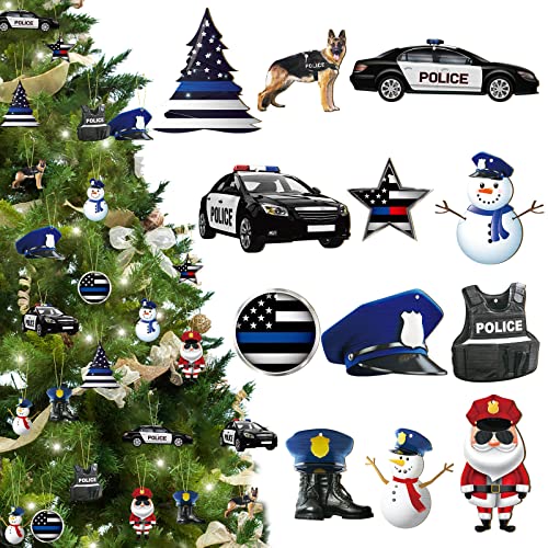 60 Pieces Police Christmas Ornaments Police Shield Car Wooden Ornaments Decorative Hanging Police Officer Gifts Policeman Boots American Flag Waistcoat Christmas Tree Ornament