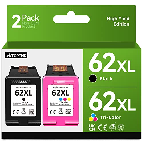62XL Black/Tri-Color Ink Cartridges Replacement for HP 62 Ink 62XL Combo (2 Pack) for Envy 5640 5660 5540 7640 5661 5542 5642 5643 5661 7645, for OfficeJet 200 250 5740 5741 5745 5746 Printer
