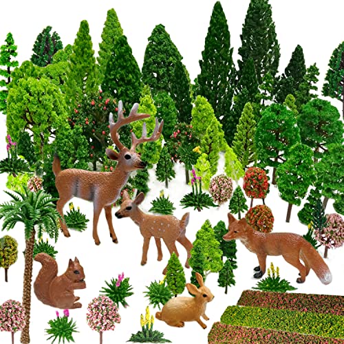 70pcs Mixed Model Trees, OrgMemory Ho Scale Bushes with Animals Figures, Plastic Trees for Projects 1.5-6 inch(4-16 cm), Model Train Scenery
